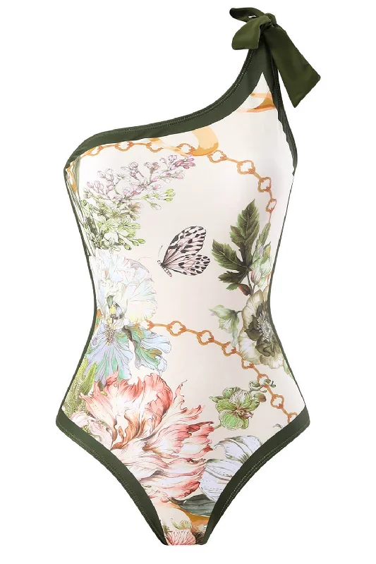 Women’s one-piece swimsuit sleek flair -Floral Printed Asymmetrical Bow-Tie Shoulder One Piece Swimsuit