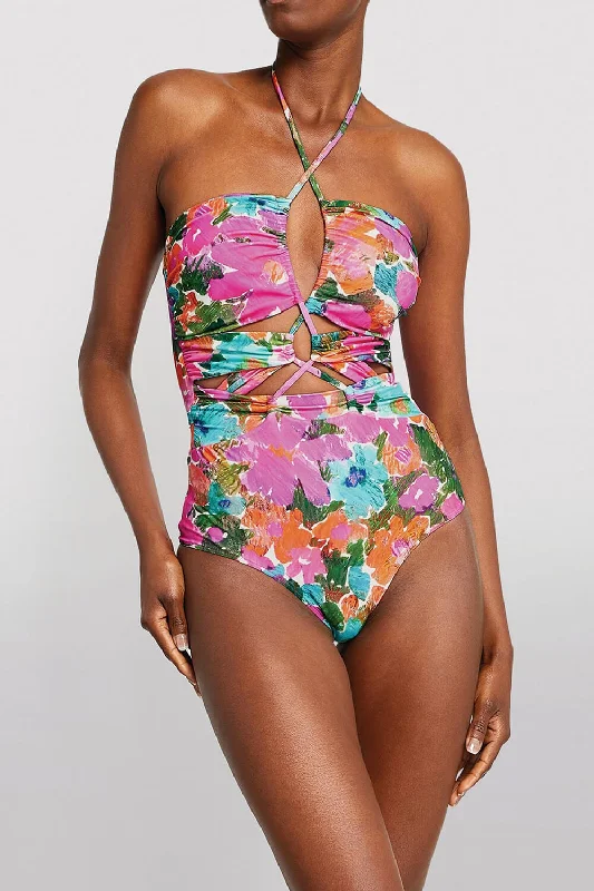 Women’s one-piece swimsuit midnight chic -Floral Laceup Crossover Halterneck One Piece Swimsuit