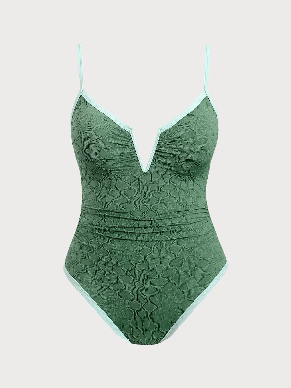 Women’s one-piece swimsuit senior soft glow -Dark Green Jacquard V Notch Plus Size One-Piece Swimsuit