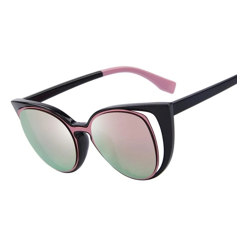 ladies sunglasses tall temples -Women's Cat Eye Fashion Pierced Retro Sunglasses with Mirror Lens