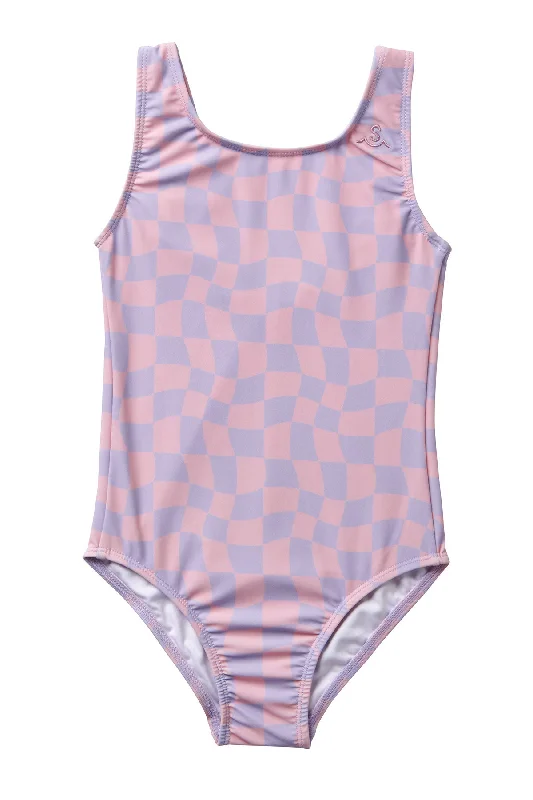 Women’s one-piece swimsuit belted chic -Wavy Checks Swimsuit / Lavender