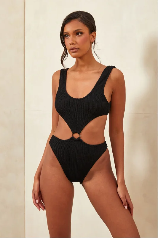 Women’s one-piece swimsuit dive soft flair -Crinkle Cut-Out Ring Middle One Piece Swimsuit - Black