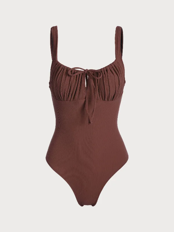 Women’s one-piece swimsuit bronze soft flair -Coffee Cutout Tie One-Piece Swimsuit