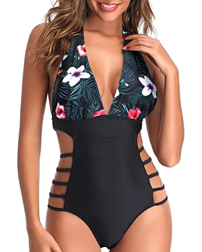 Women’s one-piece swimsuit smoky flair -Flattering High Leg Cut Out String Swimwear Plunge V Neck Halter Bathing Suits-Black Floral