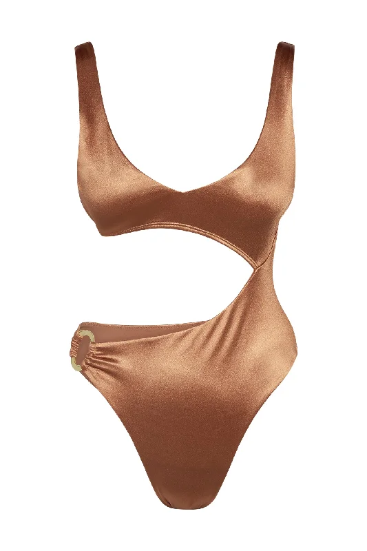 Women’s one-piece swimsuit ruffle luxe chic -St. Barth's One Piece - Bronze Shiny Jersey