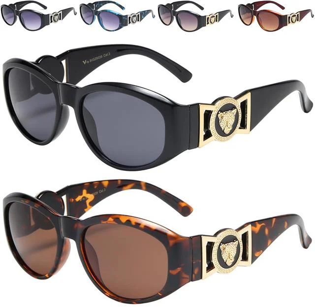 ladies sunglasses wide shield -Women's Wrap Around Sunglasses Black Oval Frame With Medallion Cheetah accents