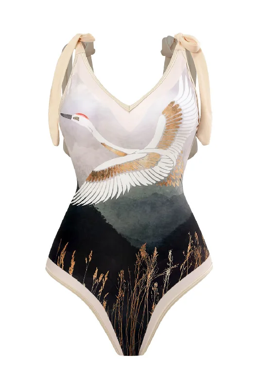 Women’s one-piece swimsuit surf sleek chic -Whooping Crane Print Plunge Tie-Shoulder One Piece Swimsuit