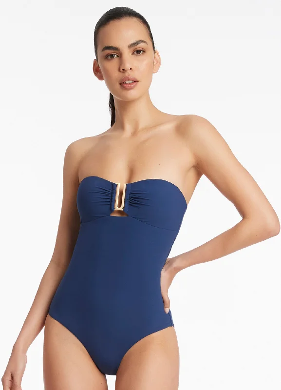 Women’s one-piece swimsuit gathered flair -Jetset Bandeau One Piece - Pacific Blue