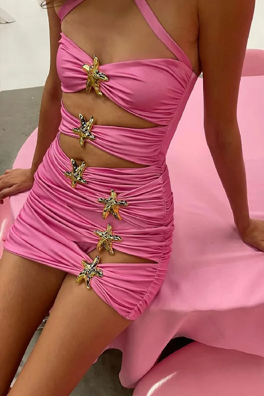 Women’s one-piece swimsuit vibrant chic -Halterneck Cut Out One Piece Swimsuit With Flower Hardware Details- Hot Pink