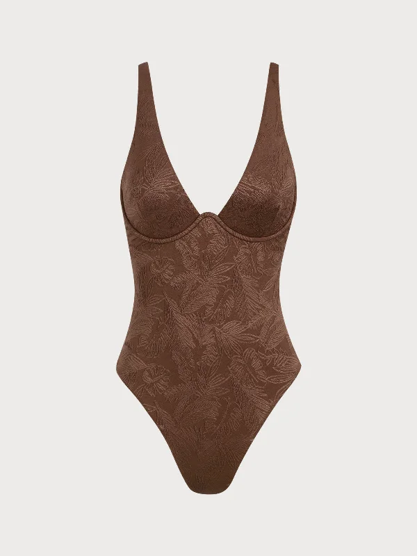 Women’s one-piece swimsuit winter flair -Coffee Jacquard Underwire One-Piece Swimsuit