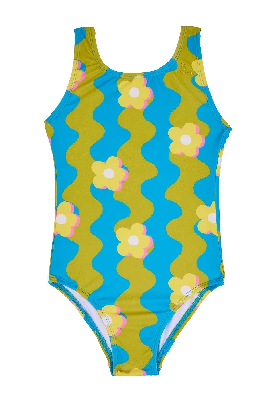 Women’s one-piece swimsuit artisanal chic -Wavy Daisy / Kelp / Swimsuit