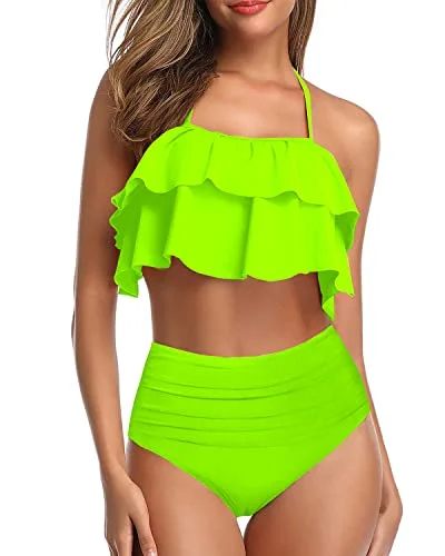 Women’s one-piece swimsuit beach bag chic -Glamorous High Waisted Bikini Set Tiered Ruffles For Women-Neon Green