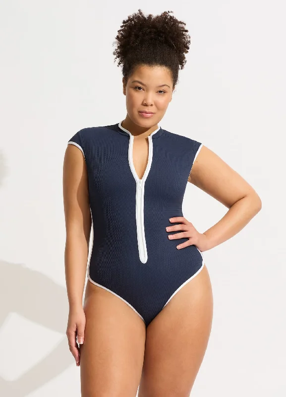 Women’s one-piece swimsuit sand proof flair -Beach Bound Cap Sleeve Zip Front One Piece - True Navy