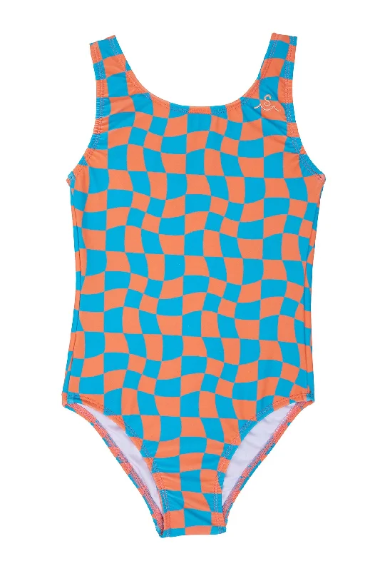 Women’s one-piece swimsuit seasonal chic -Wavy Checks Swimsuit / Coral