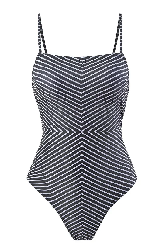 Women’s one-piece swimsuit cut-out woven glow -Diagonally Striped Print Square Neck One Piece Swimsuit