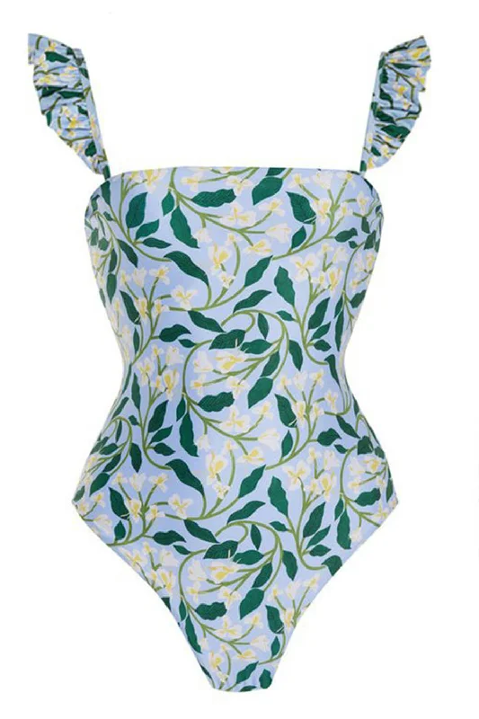 Women’s one-piece swimsuit earthy chic -Floral Print Ruffle-Trimmed One Piece Swimsuit