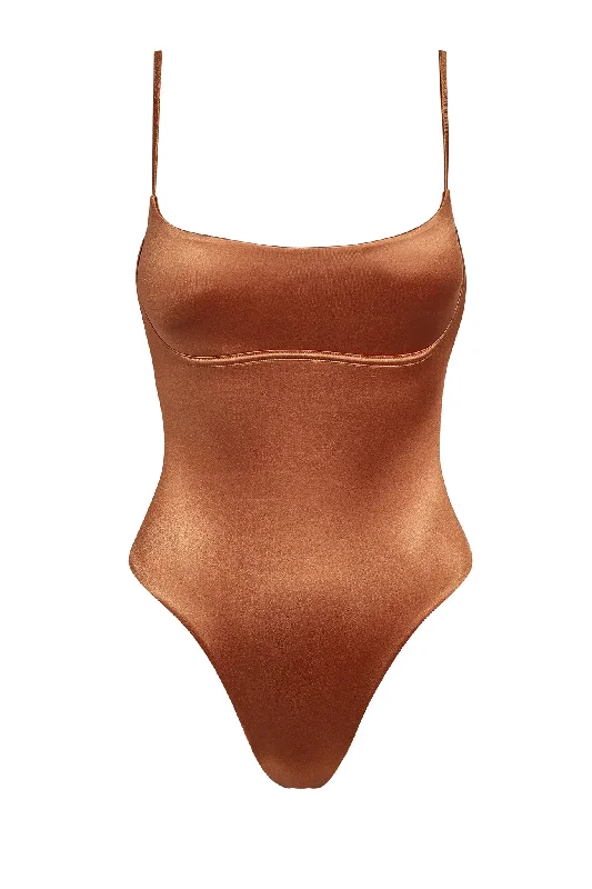 Women’s one-piece swimsuit backless luxe chic -Sausalito One Piece - Bronze Shiny Jersey