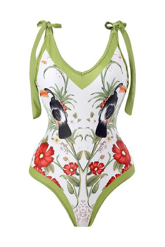 Women’s one-piece swimsuit junior woven chic -Toco Toucan & Floral Print Plunge Tie-Shoulder One Piece Swimsuit