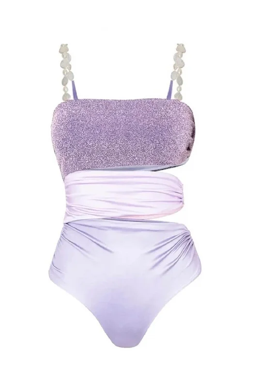 Women’s one-piece swimsuit bold glow -Lilac Pearl Strap Cutout Shiny Texture One Piece Swimsuit