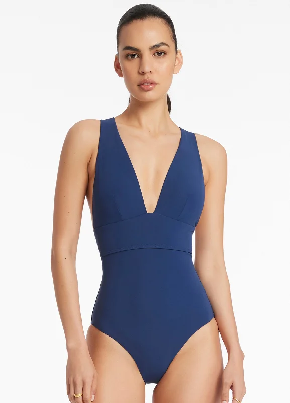 Women’s one-piece swimsuit unlined glow -Jetset Plunge Tie Back One Piece - Pacific Blue