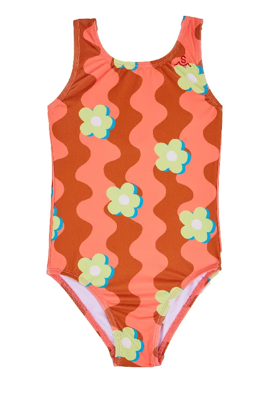 Women’s one-piece swimsuit spring chic -Wavy Daisy / Coral / Swimsuit