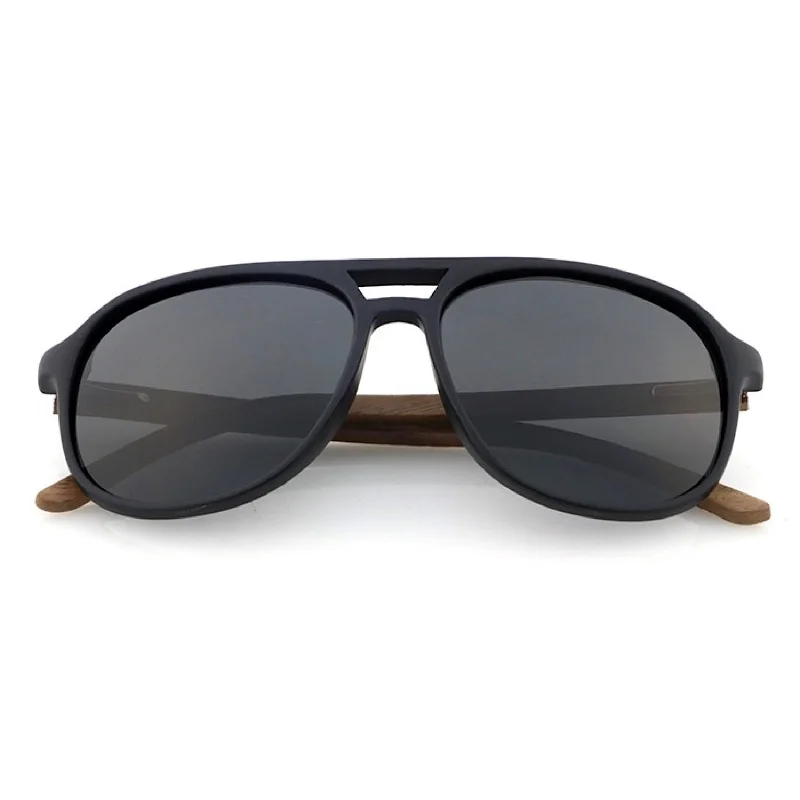 ladies sunglasses shop pick -Black Polarized Wood Aviator Sunglasses