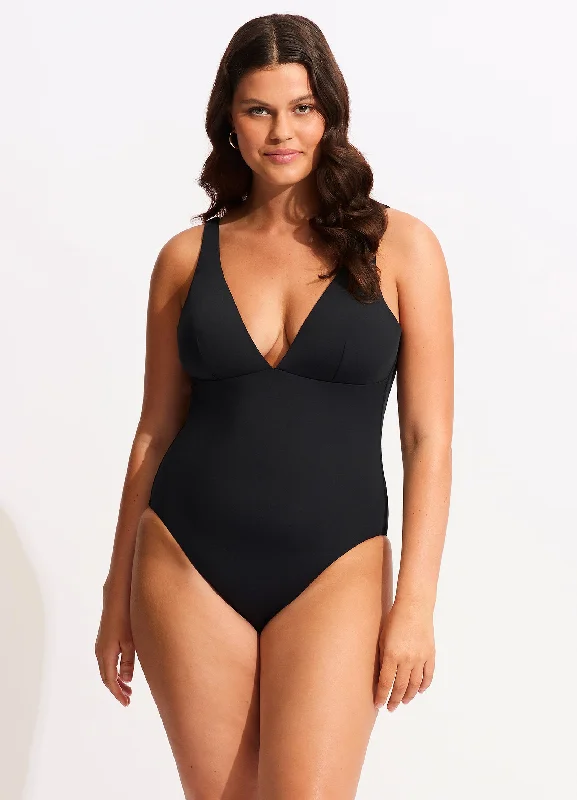 Women’s one-piece swimsuit sporty suede chic -Seafolly Collective V Neck One piece - Black