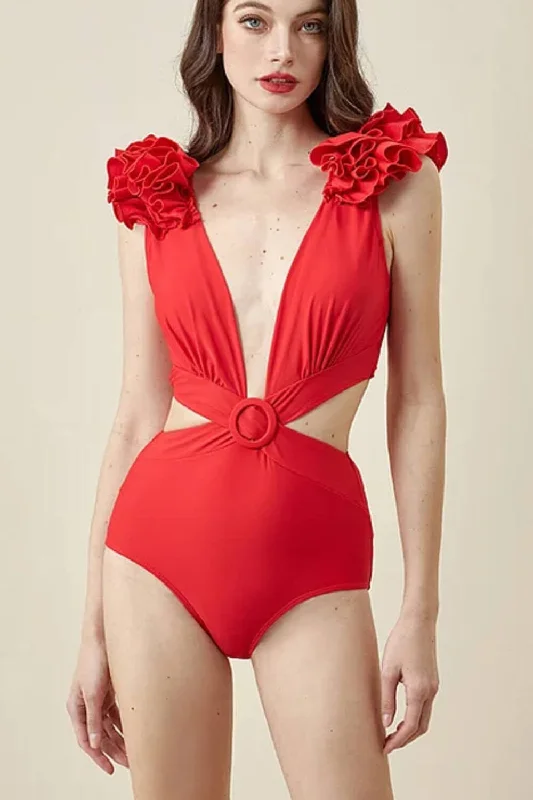 Women’s one-piece swimsuit goggles glow -Red Deep V Ruffled Cutout One Piece Swimsuit